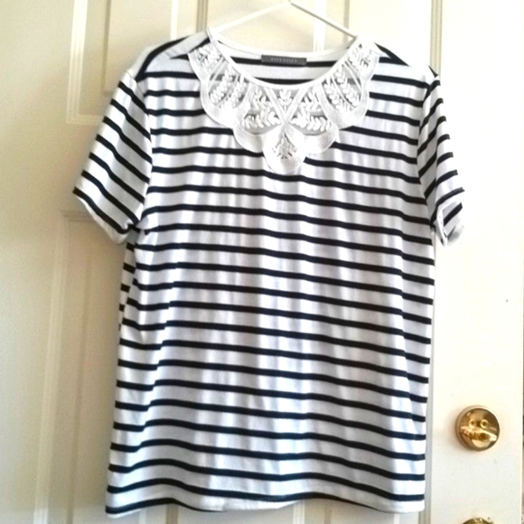 SOLD!!!⛵️ Suzy Shier Black & White Striped Marinière Shirt - Size L (Fits XL) - Picture 3 of 6